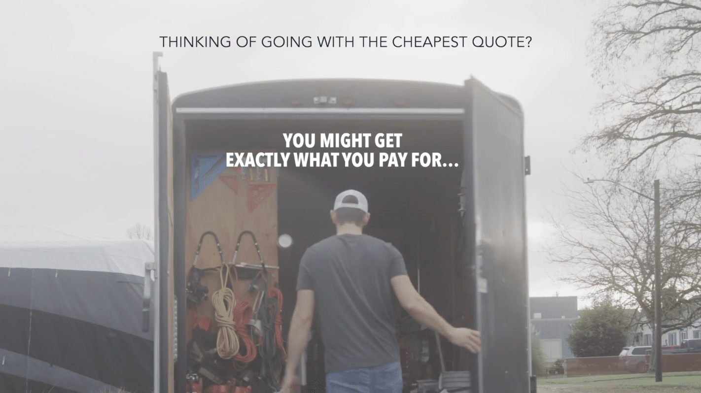 Contractor opening the back of a work van with the words hovering overtop: "Looking for the cheapest quote? You might get exactly what you pay for."